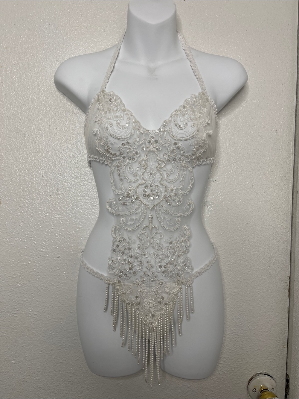 VINTAGE 80’S White Lace Beaded Sheer Bodysuit